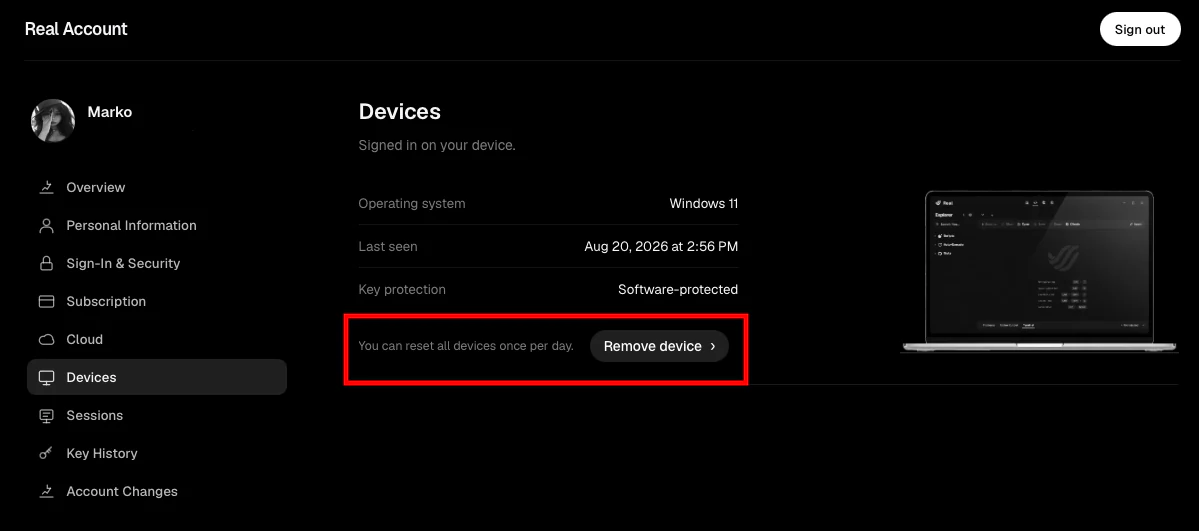 Zakladka Devices w Dashboard z podswietlonym przyciskiem Remove device.