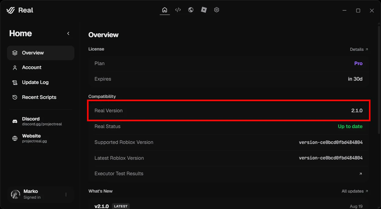 แท็บ Home ของ Real ที่แสดงเวอร์ชันที่ติดตั้ง