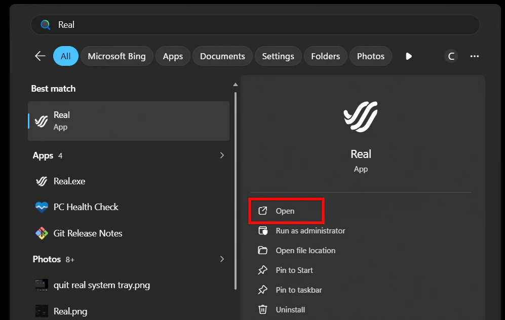 Windows Search ที่แสดง Real พร้อมเปิด