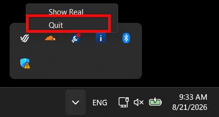 เมนู system tray ของ Windows ที่เลือก Quit สำหรับ Real