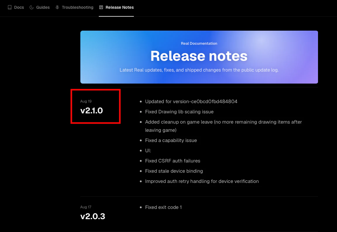 หน้า Release Notes ที่แสดง Real เวอร์ชันล่าสุด