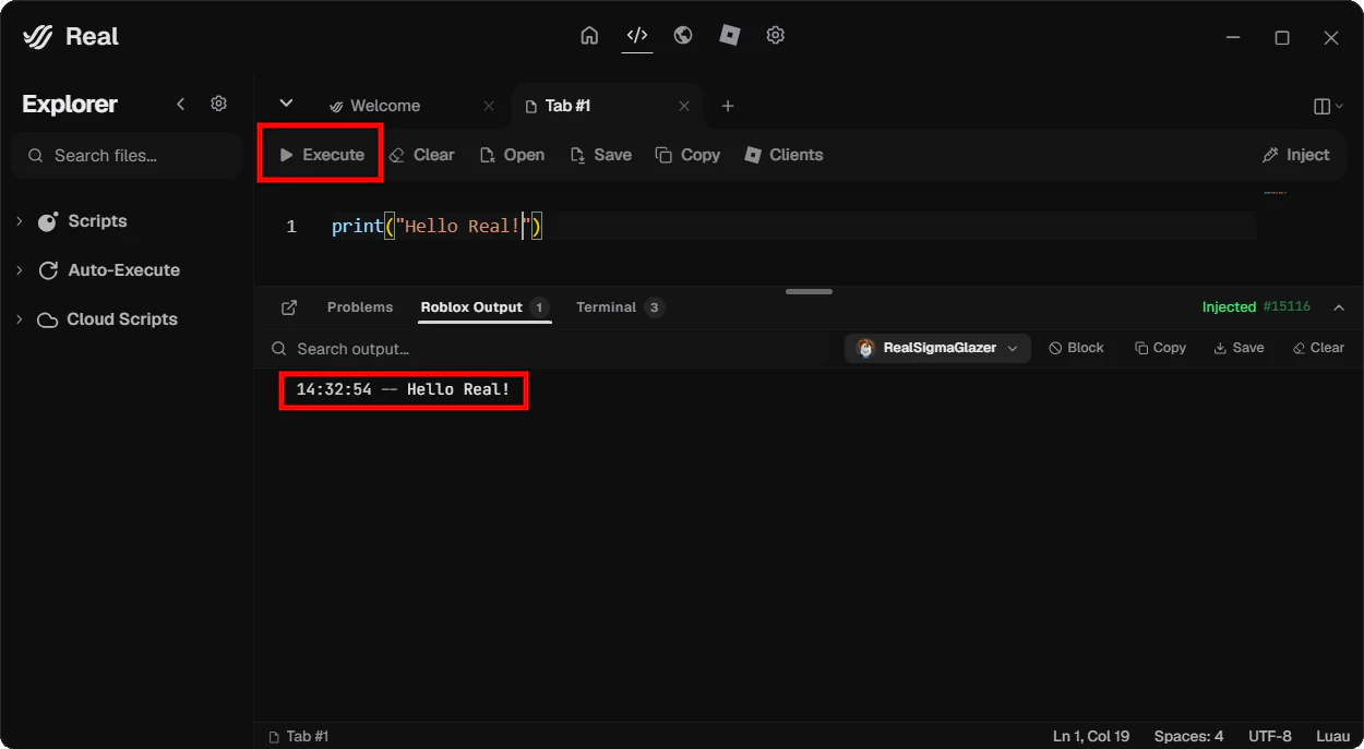 Editor Tab يعرض Execute و test print في Roblox Output.