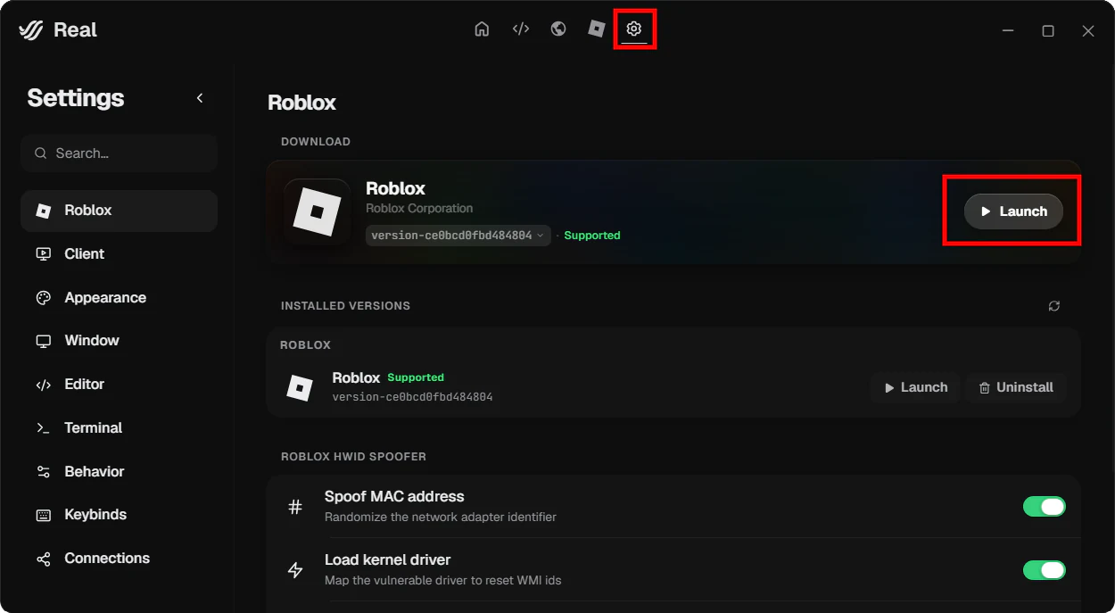 صفحة إعدادات Roblox مع إصدار Roblox المدعوم وزر Launch.