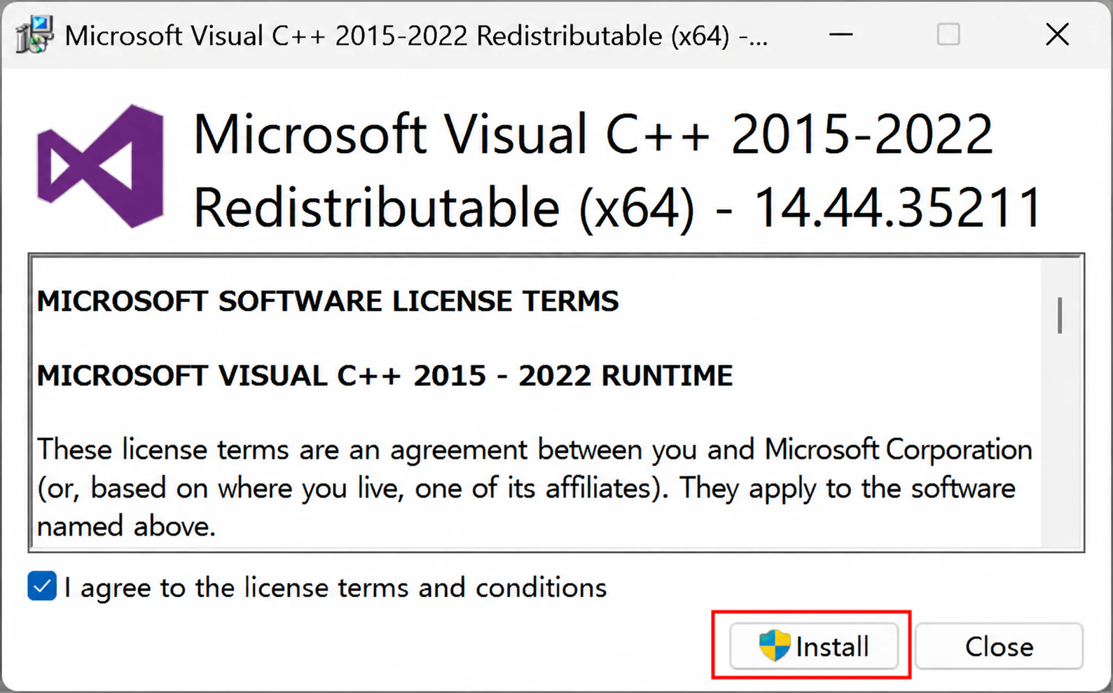 Install이 강조 표시된 Microsoft Visual C++ 2015-2022 Redistributable x64 설치 프로그램.