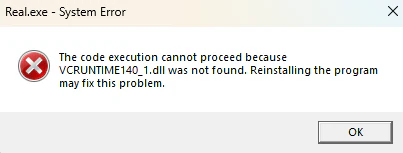 VCRUNTIME140_1.dll을 찾을 수 없다는 Windows 시스템 오류.