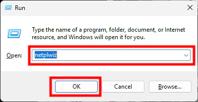 نافذة Windows Run مع إدخال netplwiz.