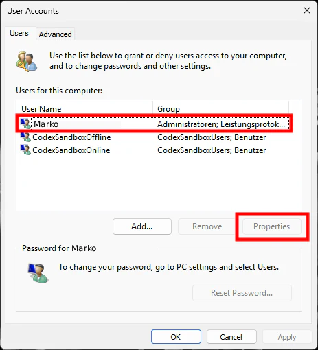 نافذة User Accounts مع تمييز المستخدم الحالي وProperties.