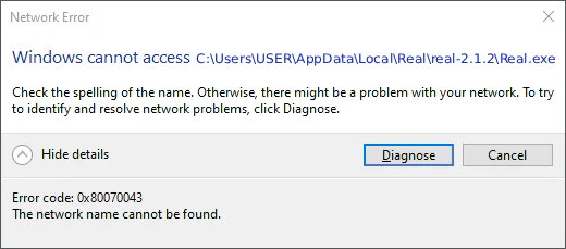Windows Network Error يقول إن Windows لا يستطيع الوصول إلى مسار Real.exe المحلي.